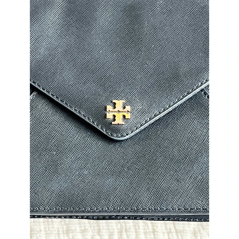 Tory Burch Black Saffiano Leather Envelope Clutch Gold Chain Purse Bag